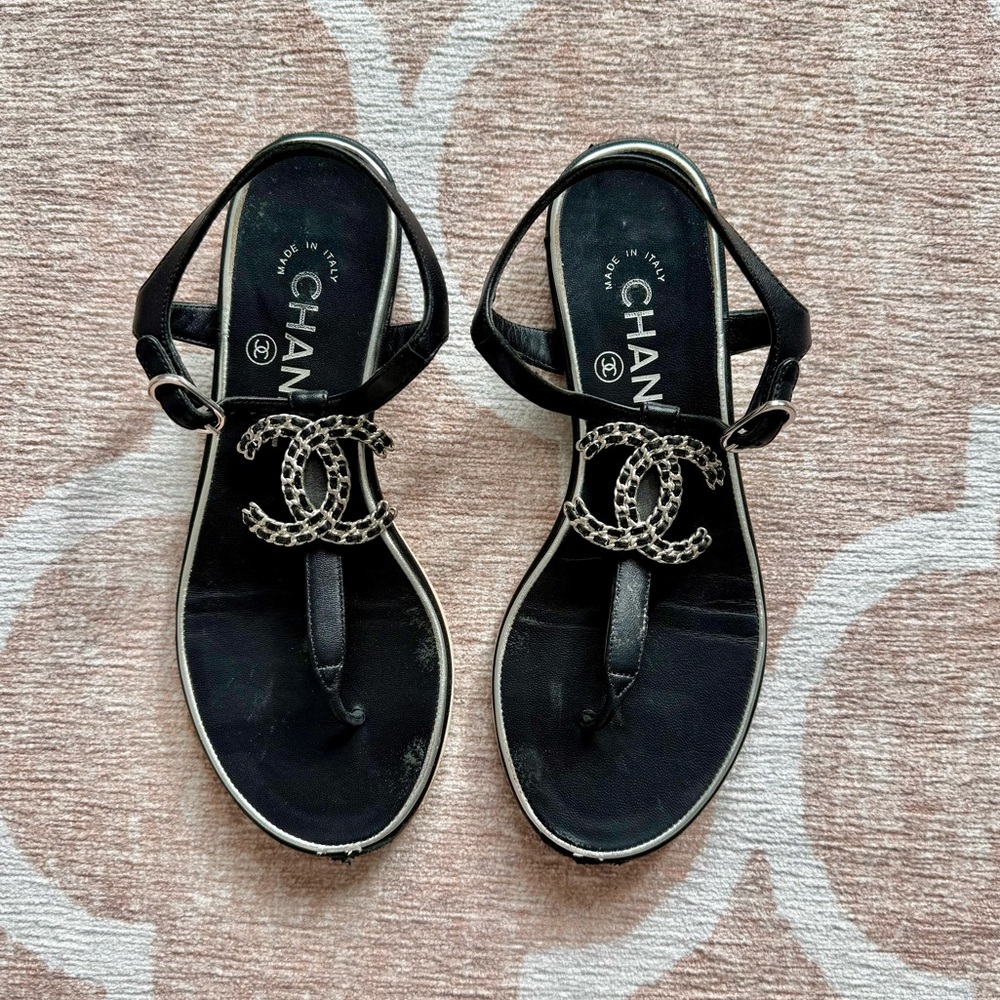 Chanel black logo sandals shoes 35 5